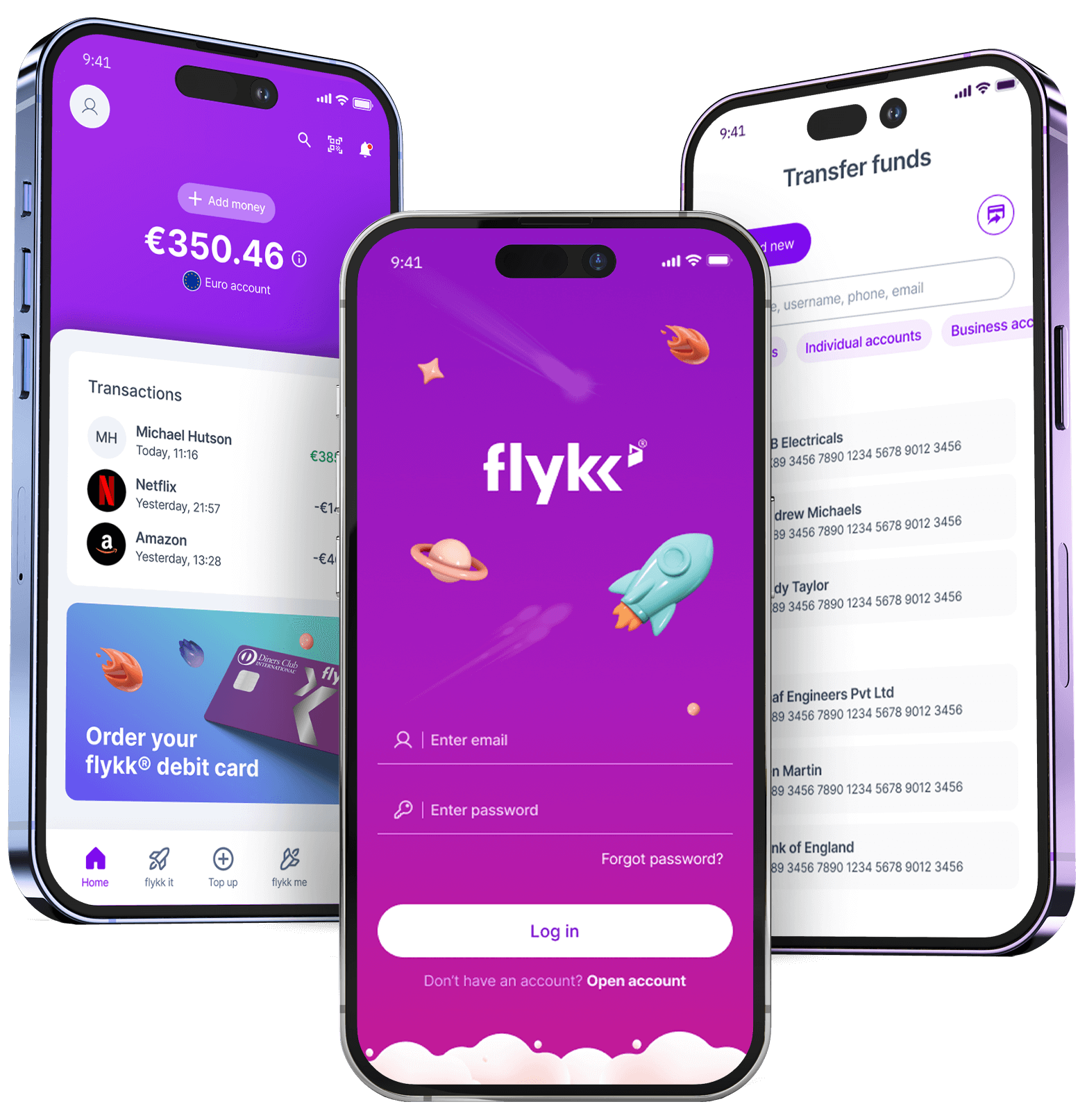 Flykk app — three phones showing home, login, and transfer screens