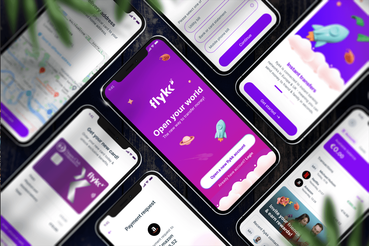 Flykk Mobile App — flat-lay mockup