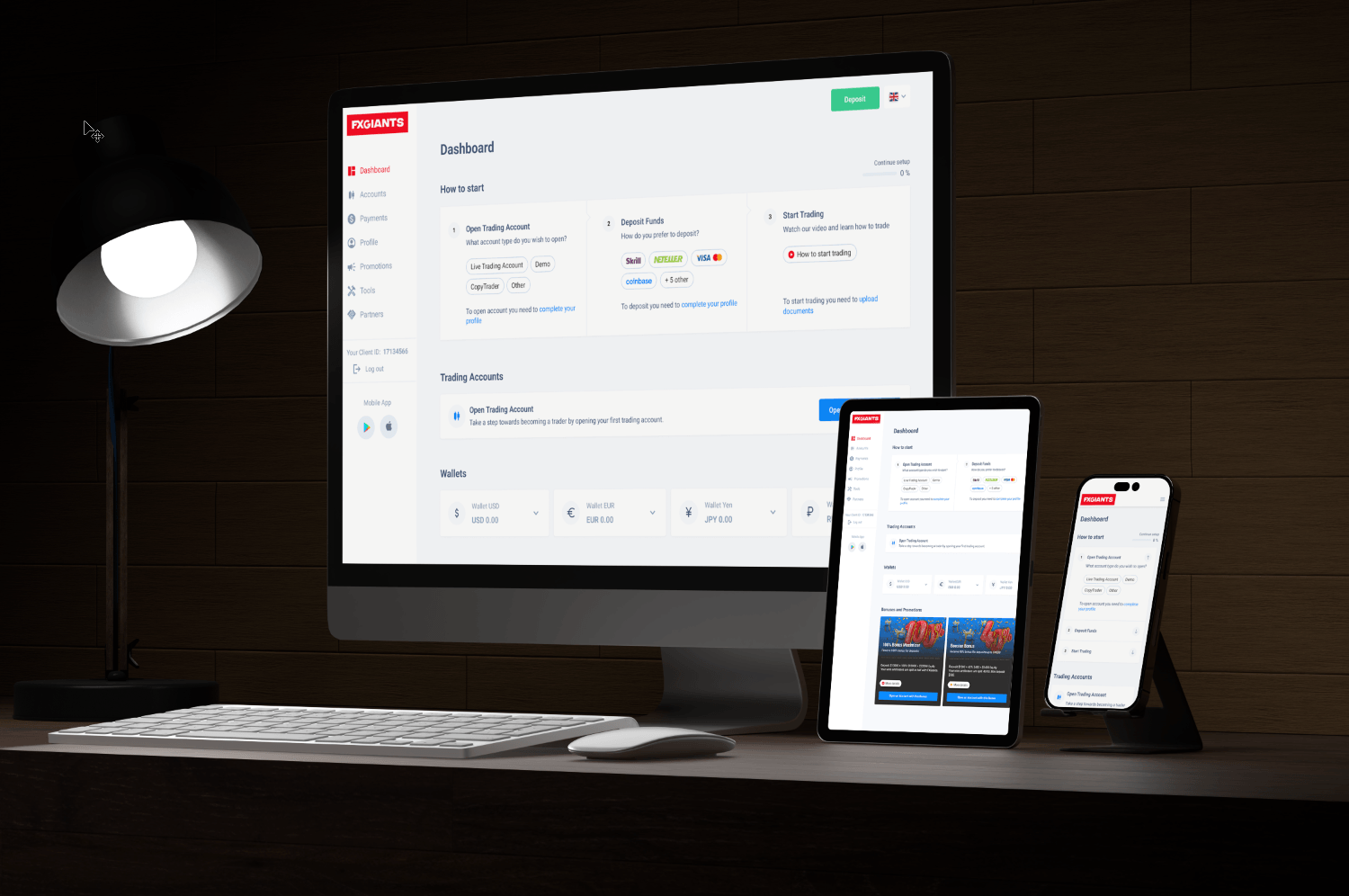 FXGiants trading dashboard — multi-device